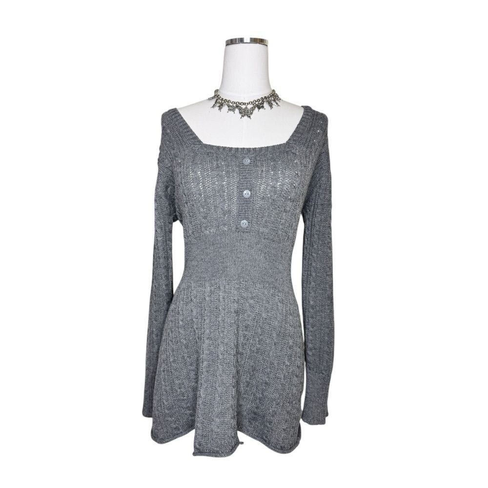 Venus Gray Baby Doll Long Sleeve Cable Knit Mini Sweater Dress Size Large